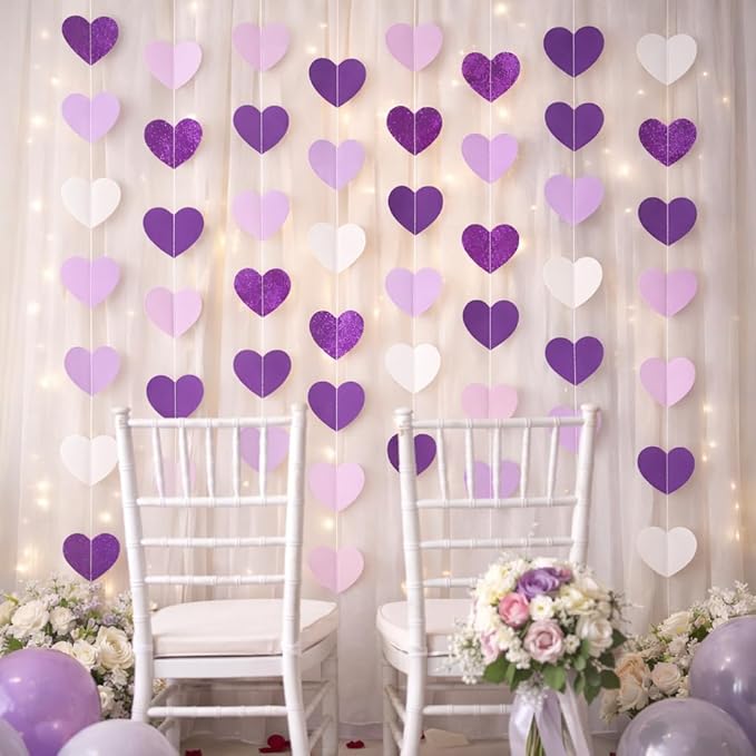 GCQQ Purple Heart Garland - 52Ft/16M Purple and White Lavender Party Decorations 4 Packs Glitter Hanging Heart Streamers for Birthday Wedding Baby Bridal Shower Bachelorette Party Backdrop Décor