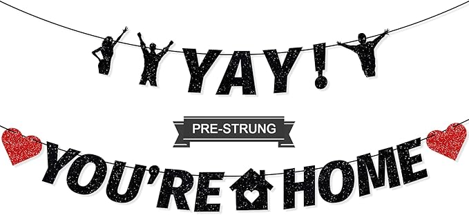 Pre-Strung Yay! You’re Home Banner, NO DIY Glitter Welcome Home Decorations for Military Army Returning Homecoming Party, Black