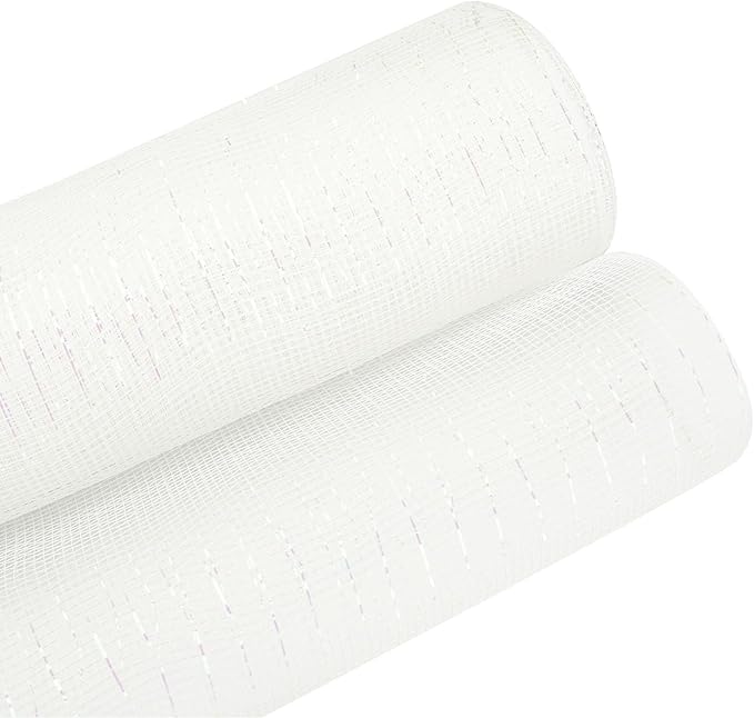 3 Rolls White Yellow Green Deco Mesh Ribbon for Wreath Making Supplies, 10 Inch x 30FT Metallic Foil Burlap Deco Mesh Fabric for Christmas Tree New Year Winter Door Wreath Swags and Decorating