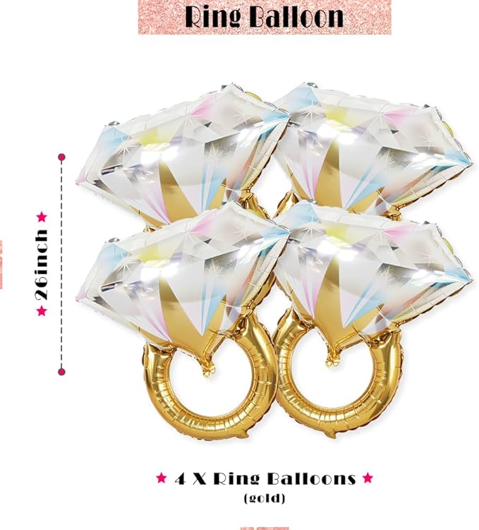 Bachelorette Party Balloons Set – 2 Champagne Bottles, 2 Champagne Glasses & 4 Diamond Ring Balloons – Engagement, Bridal Shower, Hen Party Decorations (2 Pac)
