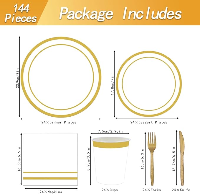 144PCS White and Gold Plates and Napkins Party Supplies Gold Disposable Dinnerware Set Include Golden Paper Dinner Dessert Plates Napkins Cups Cutlery for Birthday Wedding Bridal Shower Decor Serve 24
