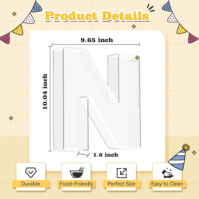 Ledido 10’’ Acrylic Letter Charcuterie Board Box, Reusable Fillable Serving Tray for Candy Cake Fruit Snack, Easy-Clean Acrylic Charcuterie Tray for Birthday Anniversary Party Decorations, Letter N