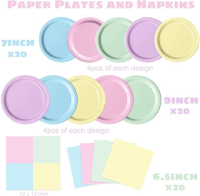 Oigco 60 PCS Pastel Paper Plates and Napkins, Pastel Party Decorations, Rainbow Paper Plates for Colorful Birthday Baby Shower Wedding