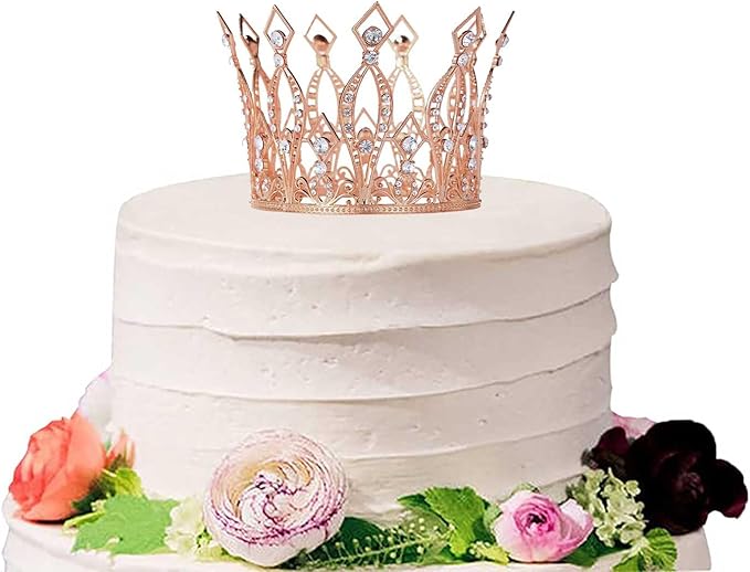 Crown Cake Topper Rhinestone Crystal Handmade Tiara Cake Decoration for Baby Shower Birthday Wedding Party Favors (Rose Gold)
