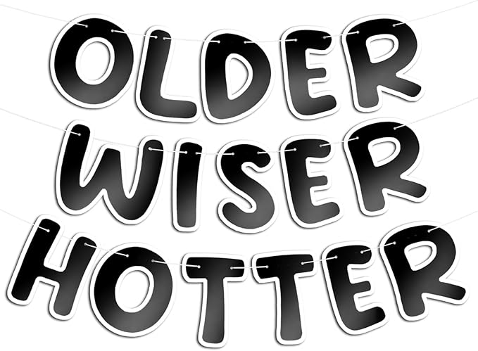 Fulmoon Set of 3 Pre Strung Older Wiser Hotter Glitter Banner Funny Birthday Banner for Women 30th 40th 50th 60th 70th 80th Birthday Party Decorations Sign Gift(Bright Black and White)