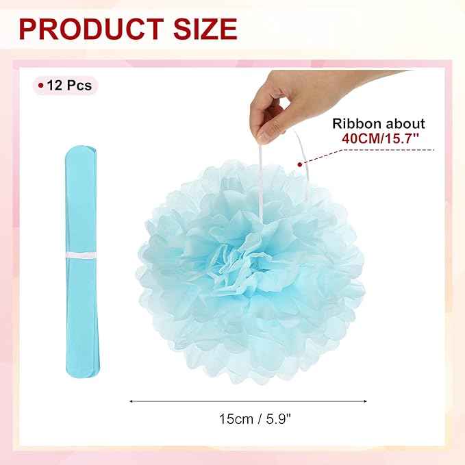 PATIKIL 6inch Tissue Paper Pom Poms, 12PCS Pom Poms Paper Flowers Ball Tissue Paper Flowers for Wedding Bridal Shower Birthday Bachelorette Party Backdrop Decoration, Light Blue