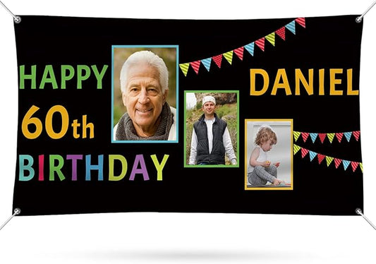 Happy Birthday Banner Personalized Name Photo Age Custom Birthday Banners and Signs Customize for Birthday Party Decoration 4'x2'
