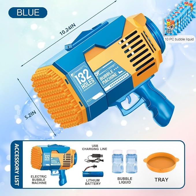 Upgraded 132 Holes Bubble Machine Gun,Bazooka Bubble Machine,Rocket Bubble Gun Bubble Machine,Summer Toys Bubble Blaster Maker for Kids, Wedding,Birthday Gift (Blue)