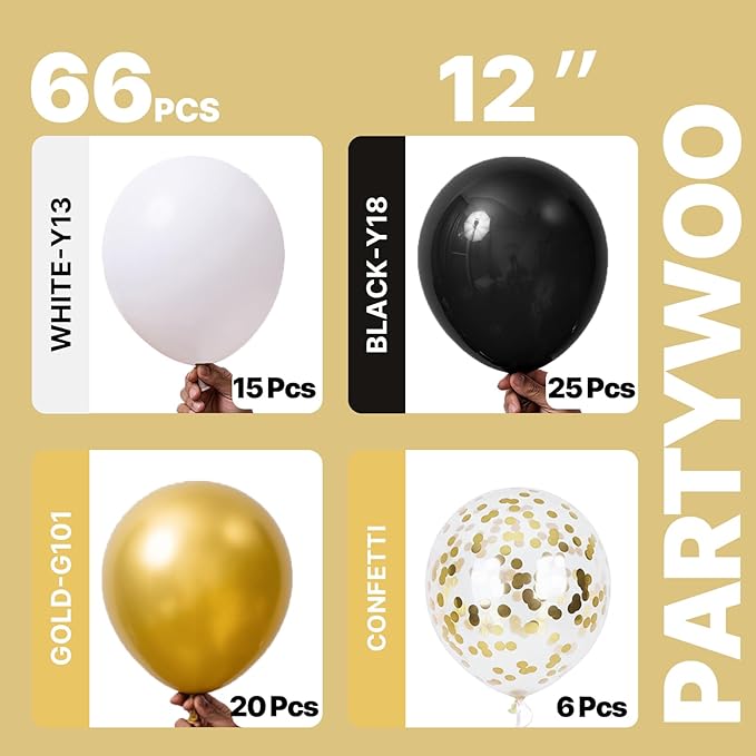 PartyWoo Black and Gold Balloons 66pcs 12 Inch Matte Black White Metallic Chrome Gold Confetti Balloons for Graduation Baby Shower Birthday New Year's Eve Anniversary Bachelorette Party Decorations