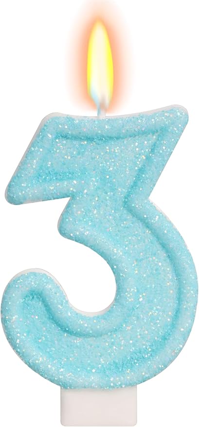 Blue Birthday Candles - Number 3 Candle for 3rd Birthday Decorations for Girls Boys, Sky Blue Cake Decorations Sweet Theme Party Supplies