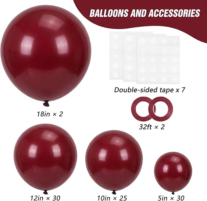 RUBFAC Burgundy Balloons 87pcs Different Sizes 18 12 10 5 Inches, Maroon Latex Balloons Arch Kit Garland for Birthday Wedding Graduation Baby Shower Valentine's Day Party Decoration