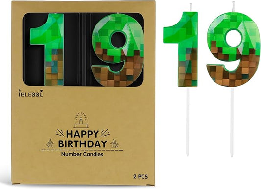 Pixel Birthday Candle, 2.68 Inch Miner Number Candles, Game Themed Candle Birthday Decoration for Pixel Theme Birthday Anniversary Dynamite Video Game Party (Green, 19)