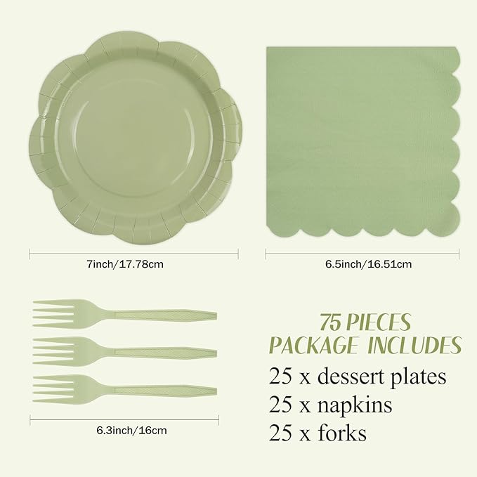 75 PCS Sage Green Paper Plates and Napkins Party Supplies, Green Scalloped Plates Napkins Forks Disposable Tableware Set for Bridal Baby Shower Wedding Birthday Party Decorations