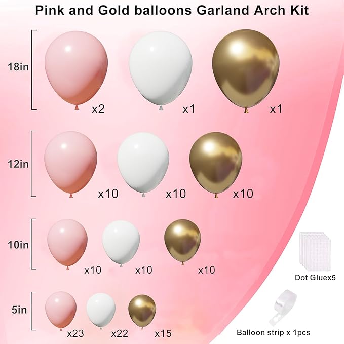 Pink and Gold Balloons Balloons Garland Arch Kit, Pink and White Balloon with Metallic Gold Latex Balloons for Graduation, Wedding, Baby Shower, Engagement, Birthday Party Decorations