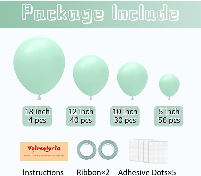 Voircoloria 130pcs Mint Green Balloons Different Sizes 18" 12" 10" 5" Pastel Light Green Balloons for Boys Girls Birthday Baby Shower Gender Reveal Wedding Decorations