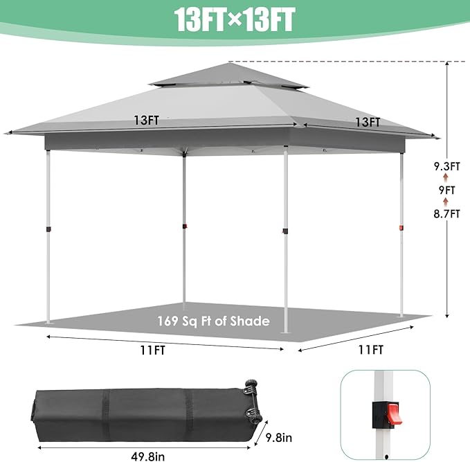 Arlopu Pop Up Canopy Tent with 1-Person Set up, Camping Instant Durable Shelter, Outdoor Gazebo Beach Shade with Wheeled Bag, 4 Sand Bags for Weight (Grey, 13FTX13FT)