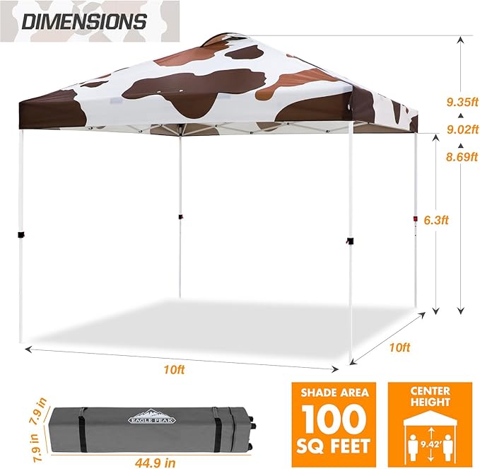 EAGLE PEAK Pop Up Canopy Tent with Wheeled Carry Bag, 8 Stakes, 4 Ropes, 4 Weight Bags, Easy Set Up Tent Canopy, 10x10 ft, 100sqft of Shade, Brown Cow Print