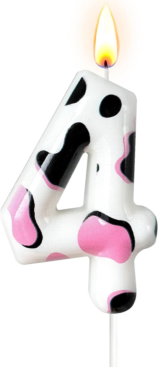 Number 4 Birthday Candle for Cake – Cow Print Design in White Black Pink – Farm Theme & Cowgirl Party Cake Topper Decoration
