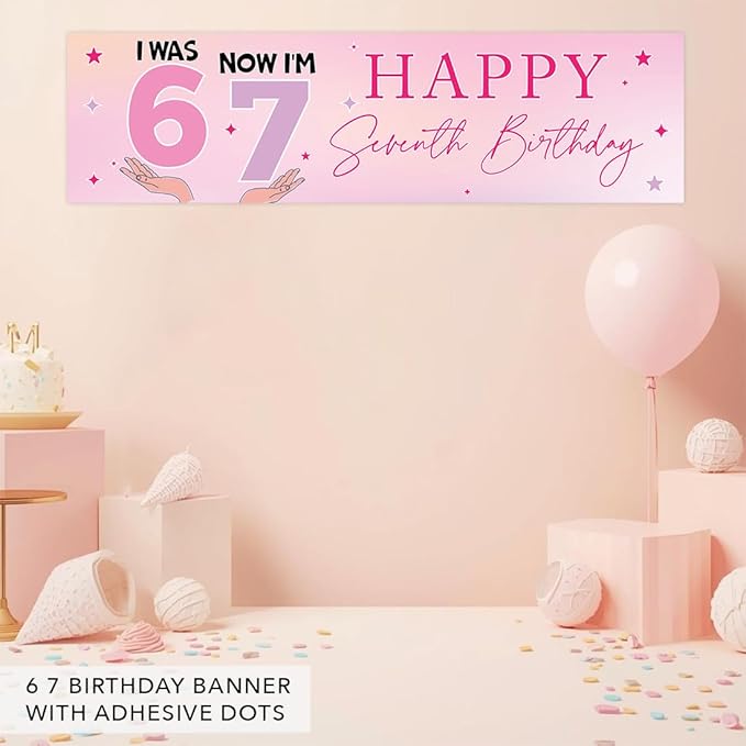 Andaz Press 13x48 Inch 6 7 Birthday Banner Decorations, I Was 6 Now I'm 7 Birthday Banner Pastel Purple Pink 67 Happy Birthday Party Banner for Girls, Home or Party Decor Backdrop Sign with Adhesive