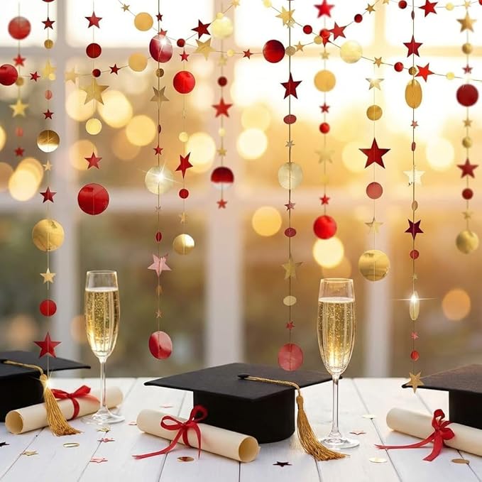 Cheerland Maroon and Gold Party Decorations Red Gold Scarlet Star Circle Garland Hanging Dots Streamer Red Decorations for Chinese New Year Graduation Birthday Anniversary Wedding Bridal Shower Party