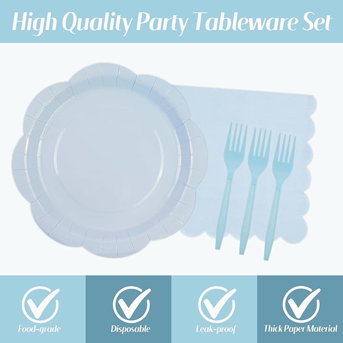 75 PCS Blue Paper Plates and Napkins Party Supplies, Light Blue Scalloped Plates Napkins Forks Disposable Tableware Set for Bridal Baby Shower Wedding Birthday Party Decorations