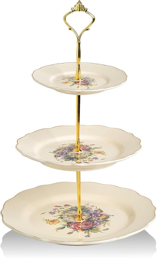 Sweejar 3 Tier Ceramic Cake Stand Wedding, Dessert Cupcake Stand for Tea Party Serving Platter(Flower Style)