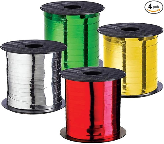 Xmas Ribbon - Christmas Ribbon Set of 4 Rolls Silver Red Green Gold Curling Ribbons Thin for Holiday Wrapping & Decoration