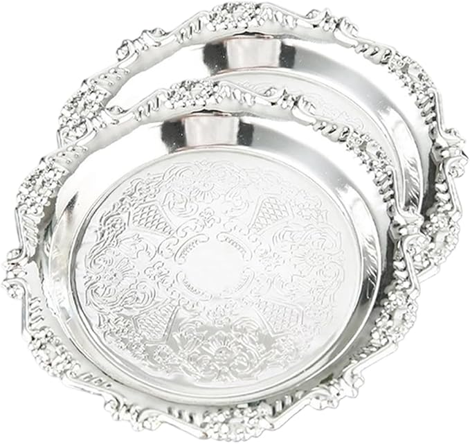 Silver Decorative Tray Set of 2, 10'' Round Vintage Metal Serving Tray, Medium Ornate Coffee Table Centerpiece, Vanity Tray for Perfume, Jewelry, Party Decor
