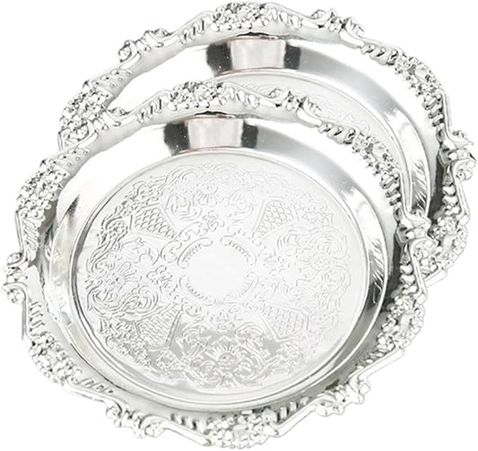 Silver Decorative Tray Set of 2, 8'' Round Vintage Metal Vanity Tray for Perfume, Small Ornate Jewelry Dish, Bathroom Counter Organizer, Coffee Table Decor