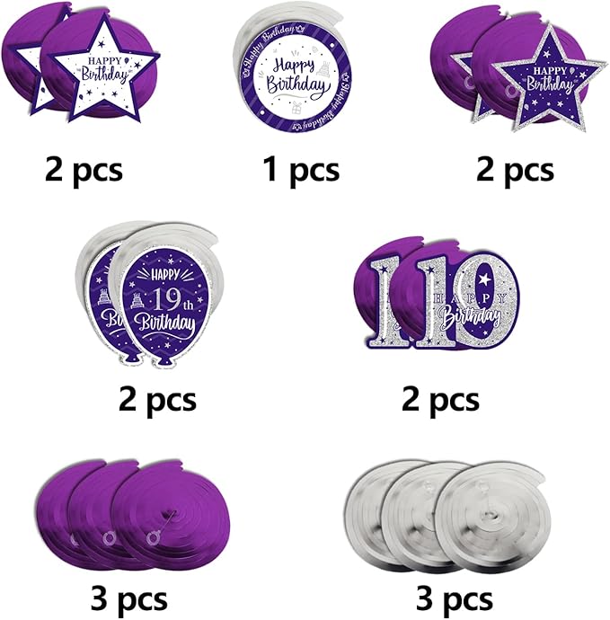 Happy 19th Birthday Purple & Silver Glitter Swirls Streamers Party Decorations - 15 Pcs 19th Birthday Hanging Swirls Streamers Kit,Cheers to Nineteen Years Old Bday Party Sign.
