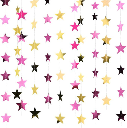 Patelai 78 Feet Glitter Star Garland Banner 2026 Party Decoration Double Side Star Hanging String Streamer Paper Twinkle for Graduation Wedding Birthday (Gold and Pink)