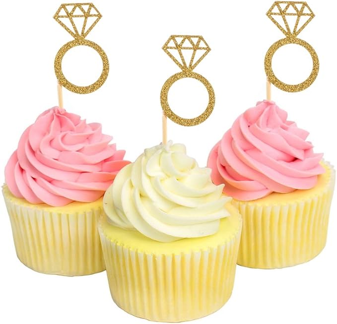 50 Pack Cupcake Toppers Gold Glitter Mini Diamond Ring Cakes Toppers for Marriage Engagement Anniversary Birthday Valentines Party Cake Decor