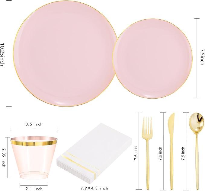 MirthMood 350PCS Pink Plastic Plates with Gold Rim ??Plastic Plates Set Includes 50 Dinner,50 Dessert Plate,50 Cup&50 Napkins 150 Gold Silverware for Wedding&Birthday Parties&Valentine's Day
