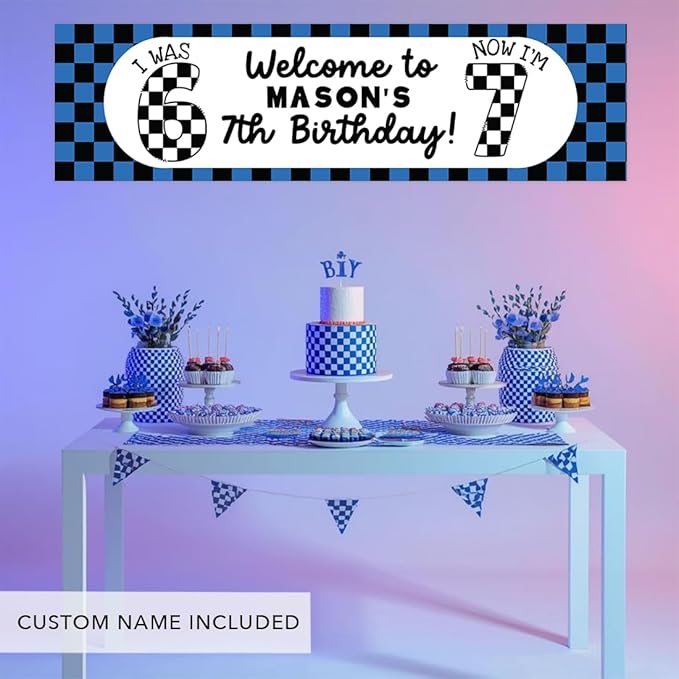 Andaz Press 13x48 Inch Custom 6 7 Birthday Banner Decorations, Personalized Birthday Banner with Custom Name, Blue Checkered Theme 67 Happy Birthday Party Banner for Boys, Home or Party Décor
