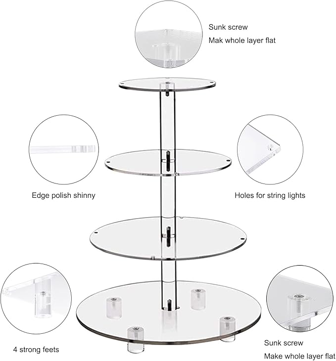 Cupcake Stand, 4-Tier Round Cupcake Holder with LED light String, Acrylic Cupcake Tower Display-Dessert Tower-Pastry Stand-Cupcake Tier Stand for Wedding, Birthday party ( Colorful Light)