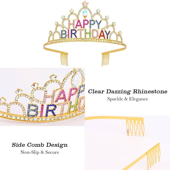 Gold Birthday Crown and Sash for Women Girls Gold Tiaras for Women Birthday Crowns for Girls Princess Crown Rhinestone Happy Birthday Hair Accessories