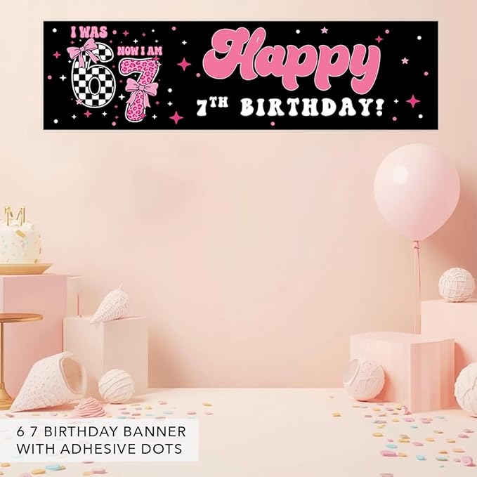 Andaz Press 13x48 Inch 6 7 Birthday Banner Decorations, I Was 6 Now I Am 7 Birthday Banner Coquette Pink Bow 67 Happy Birthday Party Banner for Girls, Home or Party Decor Backdrop Sign with Adhesive