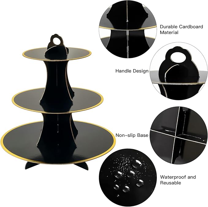 Soleebee 3-Tier Round Cupcake Stand, Cardboard Cupcake Tower, Dessert Cup Cake Stand Tower for Birthday Wedding Party Decoration, Cupcake Tier Stand 1 Set (Black Gold)