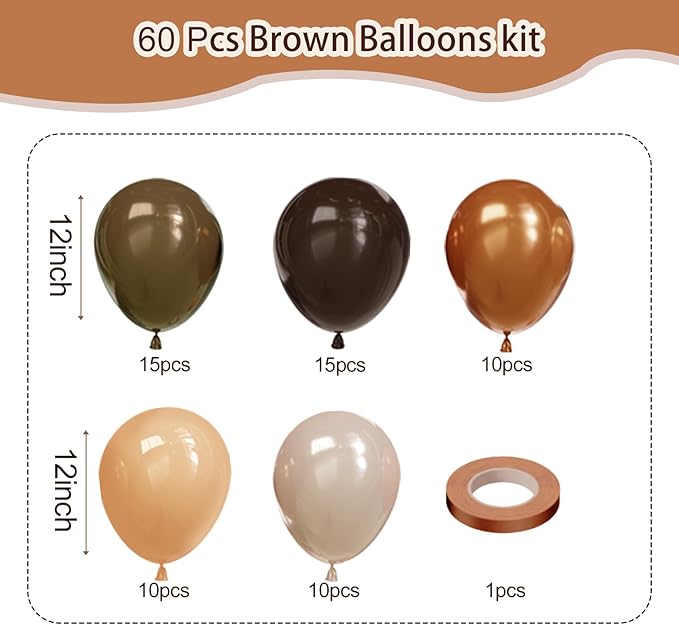 Brown Balloons, 60pcs 12In Neutral Balloon Set, Dark Brown and Sand White Balloons, Tan Cocoa Coffee Beige Nude Latex Balloon for Neutral Baby Shower Birthday Bridal Shower