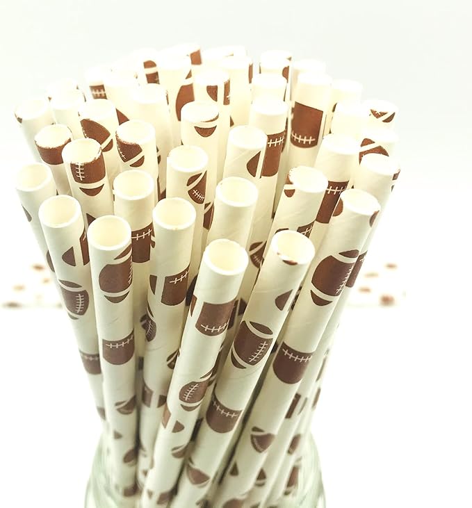 100 pcs Sports Party Paper Straws, White Brown Rugby Football Bar Soda Juice Drinking Straws, Craft Disposable Beverage Game Day Decor Biodegradable Cake Pop Sticks (White With Football)