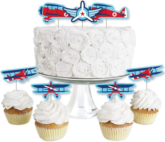 Big Dot of Happiness Taking Flight - Airplane - Dessert Cupcake Toppers - Vintage Plane Baby Shower, Birthday Party Clear Treat Picks - Set of 24