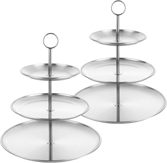 YOUNTHYE 2PCS Silver Cupcake Stand 3 Tiered Dessert Stand Stainless Steel Cupcake Display Stand Party Serving Trays Silver Cake Holder for Holiday Dessert Table Decorations Birthday Wedding