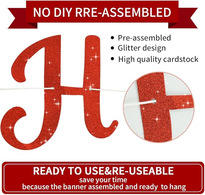BEISHIDA Red Happy Birthday Banner - NO DIY,10Feet,Pre-Strung-Glitter Backdrop Happy Birthday Sign,Decorations for Women,Bday Party Decorations