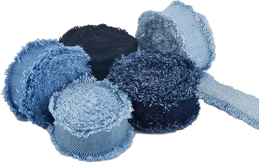 SUPERFINDINGS 5 Rolls Total 10 Yards Fringes Fabric Ribbon 0.98" Width Denim Ribbon Wrapping Frayed Cotton Jean Fabric Ribbon for Gifts Wrapping Hair Sewing Accessories Weddding Decor