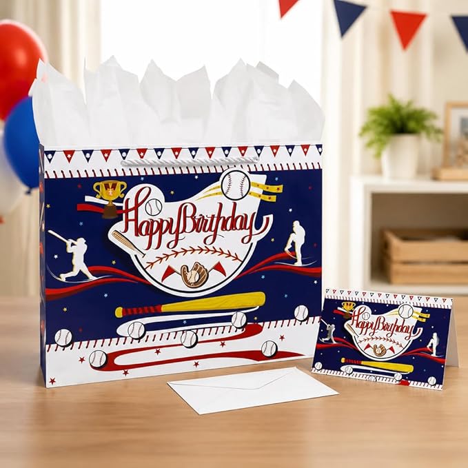 Oletx Baseball Party Favor Gift Bags, Large Baseball Gift Wrap Bags with Tissue Paper for Sports Party, Happy Birthday Baseball Bags,Goodie Treat Wrapping Bags for Boys Men or Team Supplies