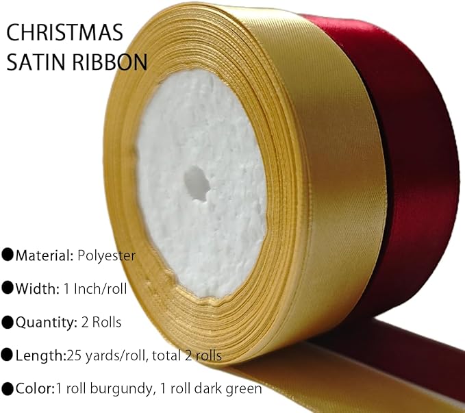 Gold Christmas Ribbon, Gold Burgundy Satin Ribbon 1 Inch 50 Yards Fabric Ribbons for Christmas Party Decorations, Gift Wrapping, Tree Ornaments, Bouquets, Door Wreaths, Bows Making and DIY Crafts