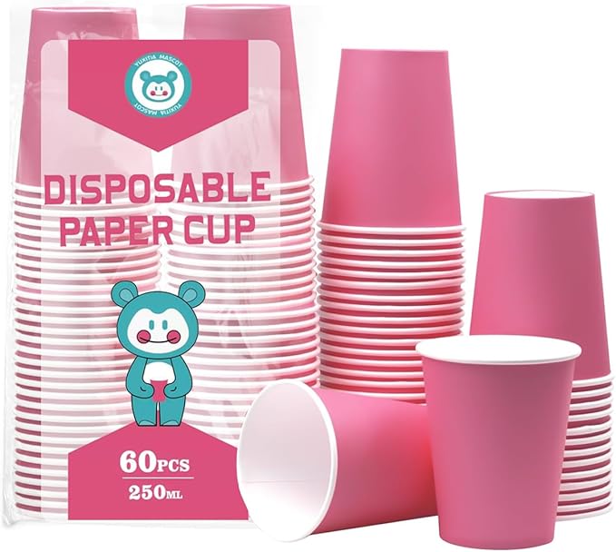 Disposable Paper Cups, 60pcs Pink Paper Cups For DIY Wedding Christmas Party Picnic BBQ Travel and Event 8oz (Pink)
