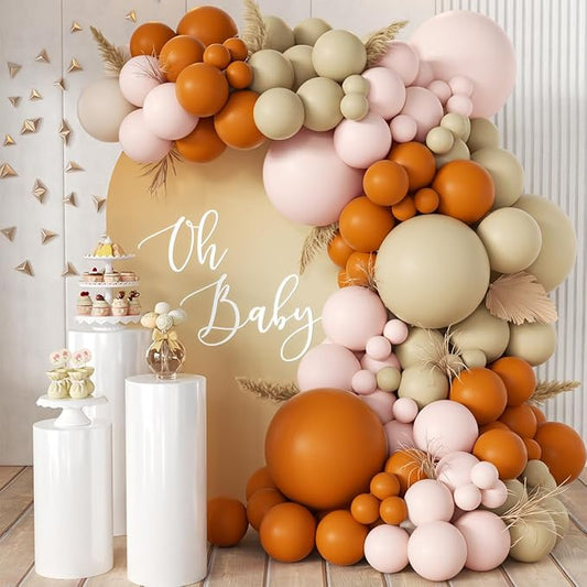 MEBAY Burnt Orange Boho Balloon Garland Arch Kit, 155Pcs Pastel Brown Macaron Pink Balloons for Fall Baby Shower ThanksGiving Birthday Party Decorations