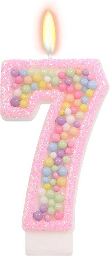Pink Birthday Candles - Number 7 Candle, Colorful Macaron Candles for Preppy Smiley Face Party Decorations, Sweet Theme Birthday Party Supplies