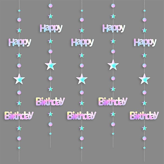 Pre-Strung Iridescent Happy Birthday Banner Decorations, No DIY Holographic Star Circle Dot Garland Sign Hanging Streamers Birthday Party Decor for Women Men Girl Boy Party Supplies